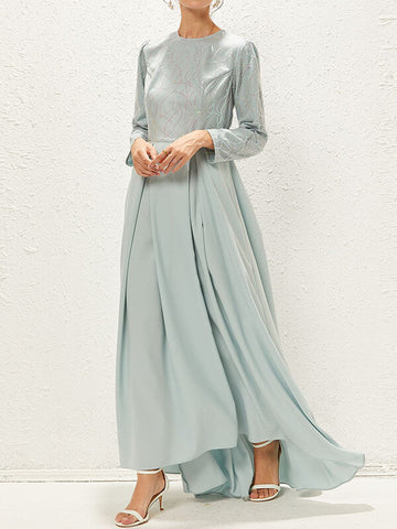 Woochic robe longue brillante paillette col rond manches longues élégant bal de promo